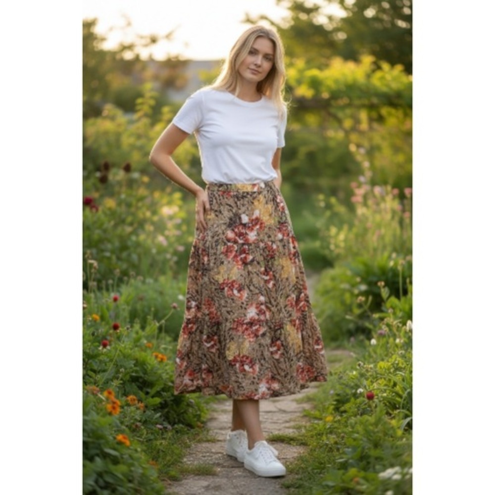 Alfred‎ Dunner Petite Floral Leopard Print Tiered Maxi Skirt Brown Red 14P